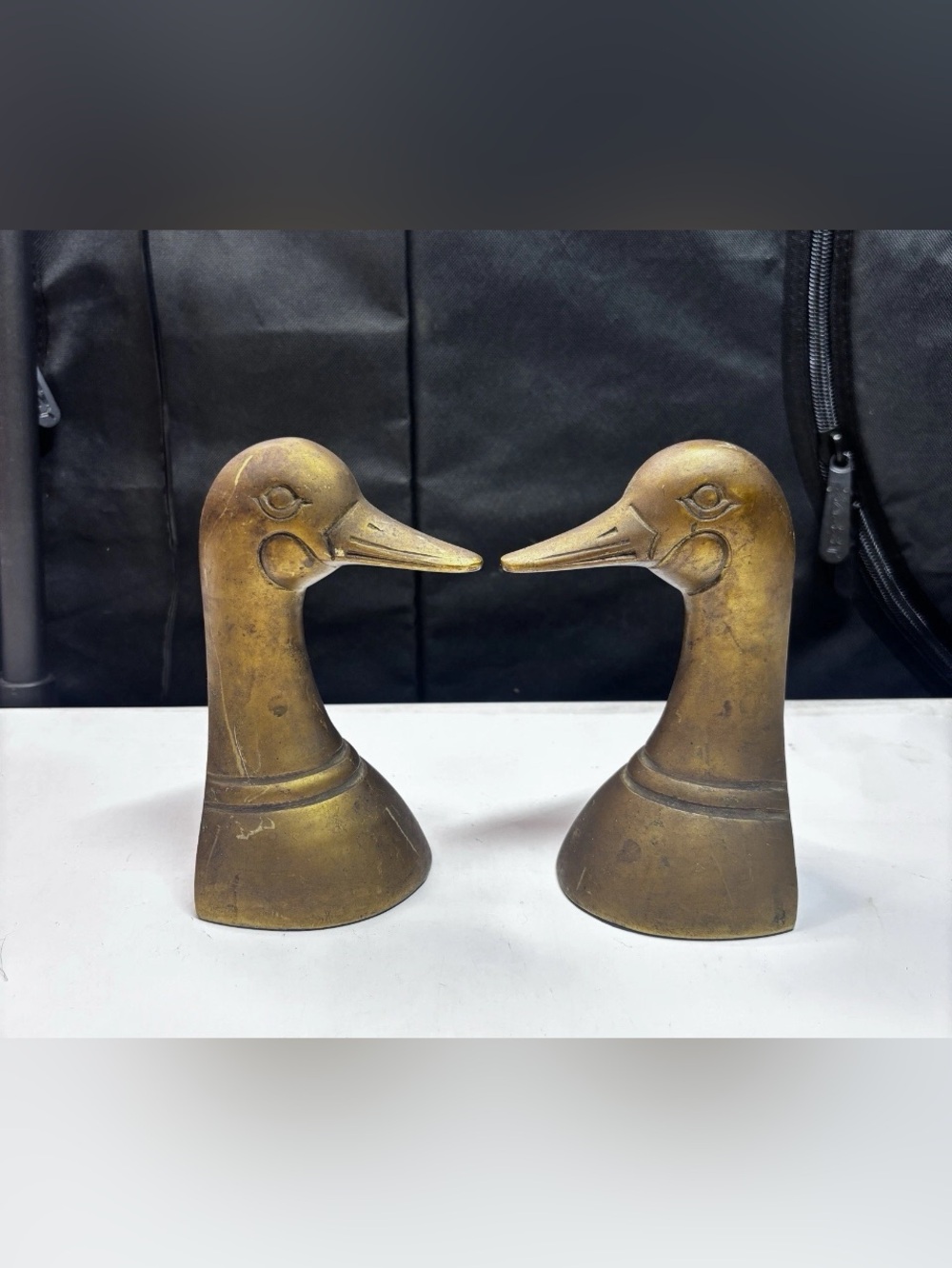 VINTAGE SOLID BRASS DUCK HEAD BOOK ENDS LARGE 10” Tall MADE IN KOREA Unlacquered - Picture 4 of 7